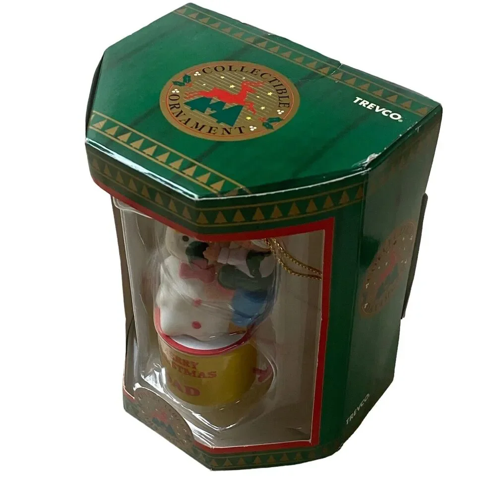 Vintage Trevco Snowman Ornament Climbing Mouse Miniature Merry Christmas Dad Cup